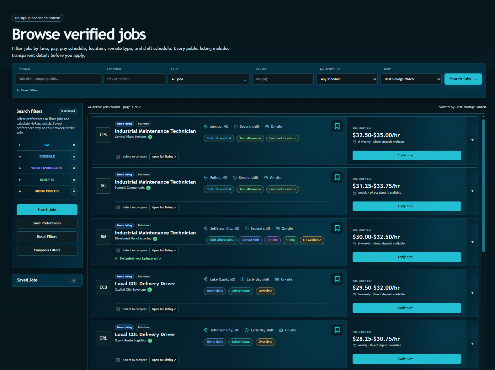 Browse Jobs with search filters, published pay and job comparison controls