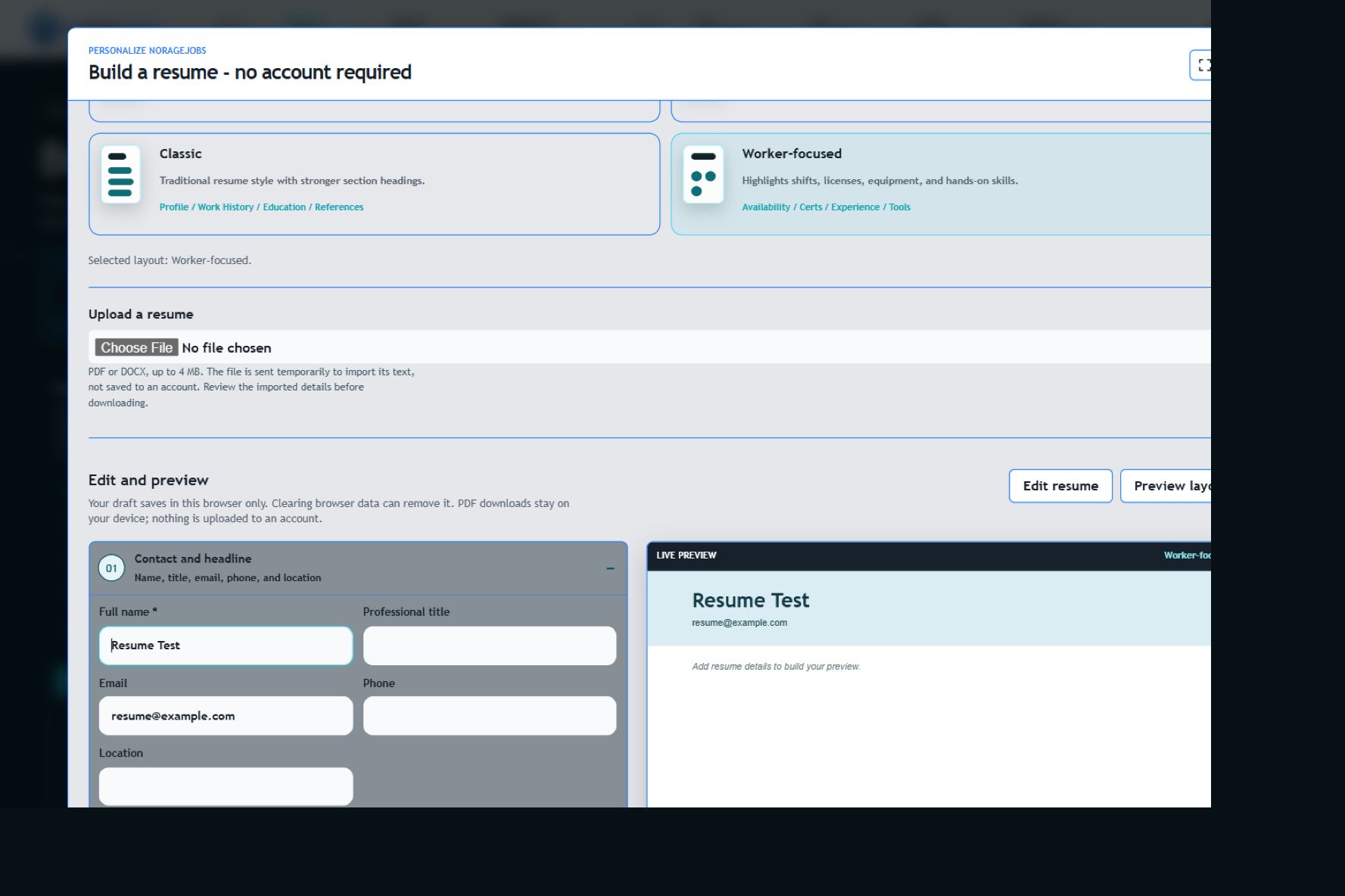 The free resume builder with editing fields and a live resume preview